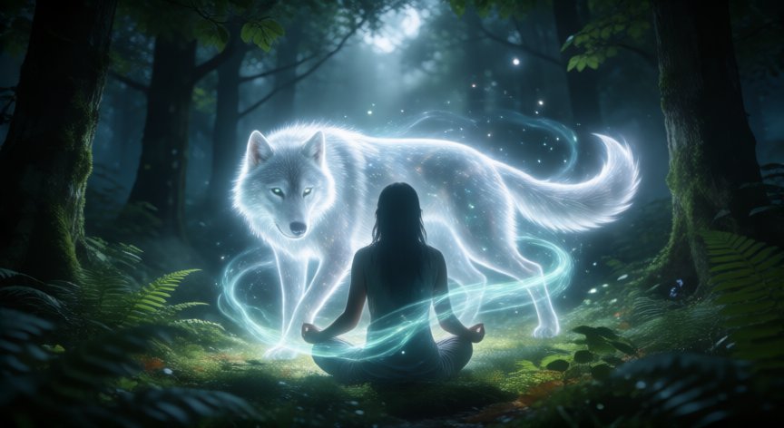 como saber que animal espiritual soy, Persona meditando con la silueta etérea de un lobo espiritual