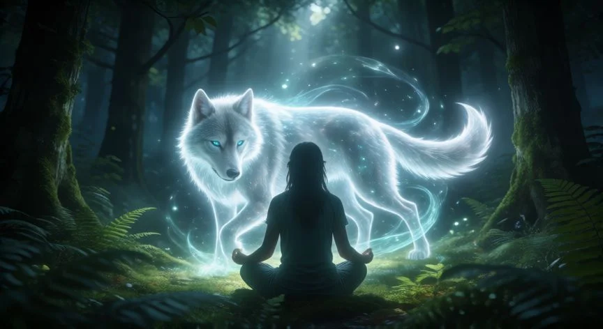 como saber que animal espiritual soy, Mujer meditando en un bosque con un ciervo presente al fondo