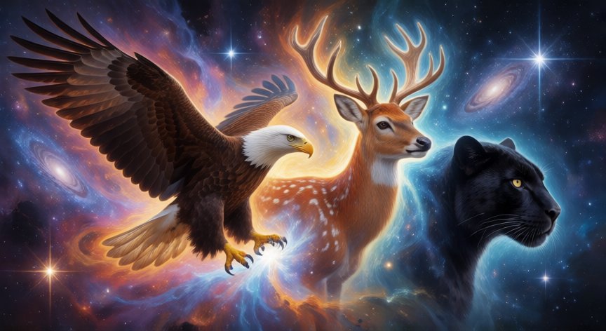 como saber que animal espiritual soy, Representación de diversos animales espirituales en un entorno cósmico