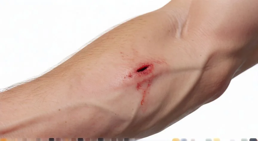Brazo humano con una pequena herida roja e hinchazon leve