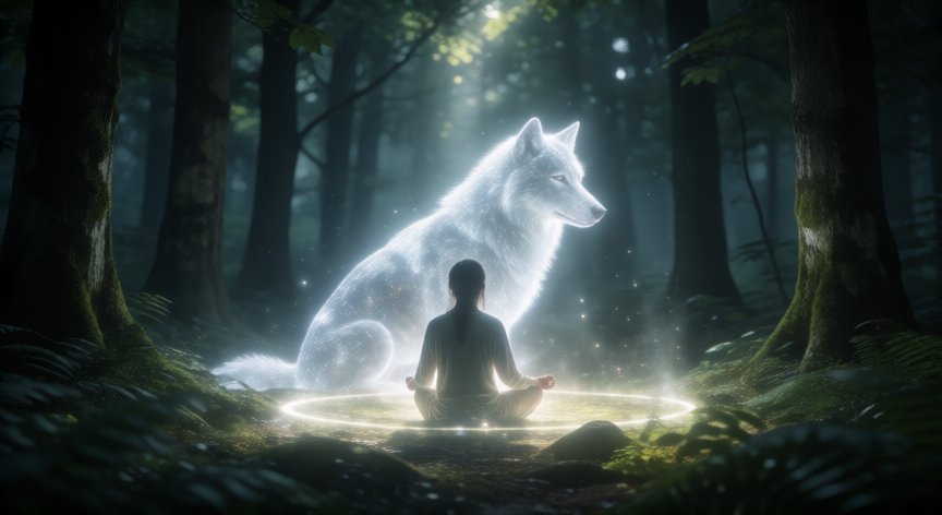 como saber que animal me representa, Meditación espiritual con la silueta de un lobo etéreo en un bosque místico