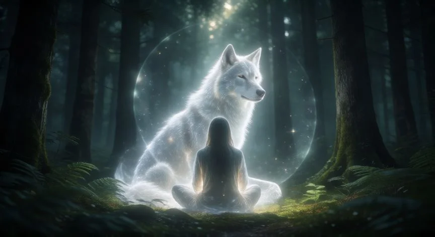como saber que animal me representa, Mujer meditando en un bosque con un lobo caminando a su lado