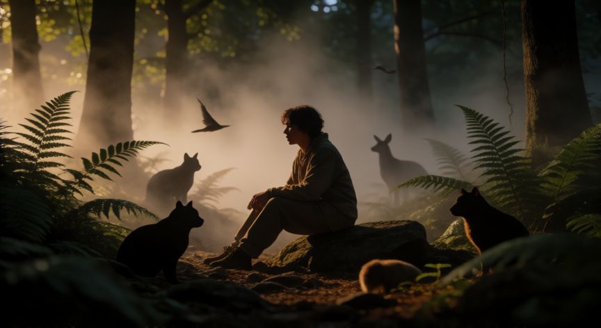 como saber que animal soy, Persona reflexionando en la naturaleza rodeada de siluetas de animales