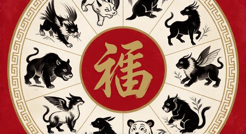 como saber que animal soy en el calendario chino, Rueda del zodiaco chino con los doce animales dispuestos en círculo