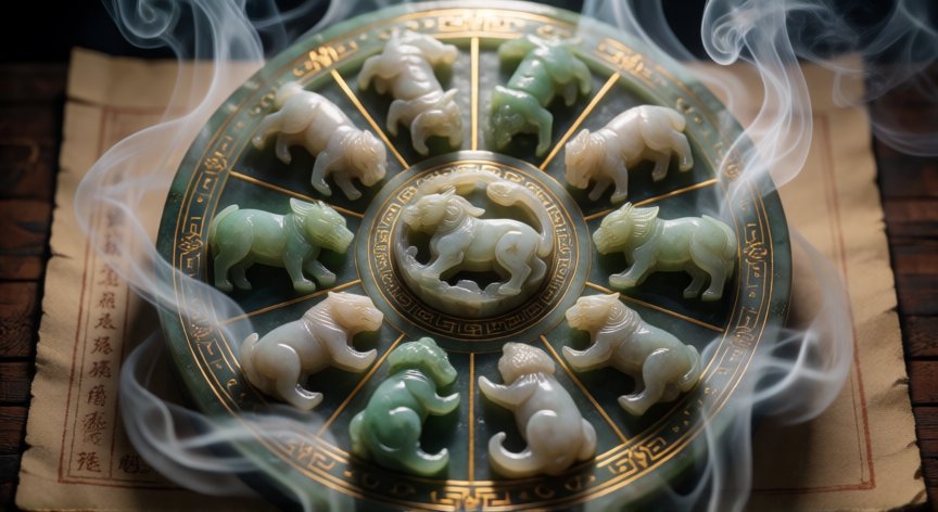 como saber que animal soy en el horoscopo chino, Rueda del zodiaco chino con los doce animales esculpidos