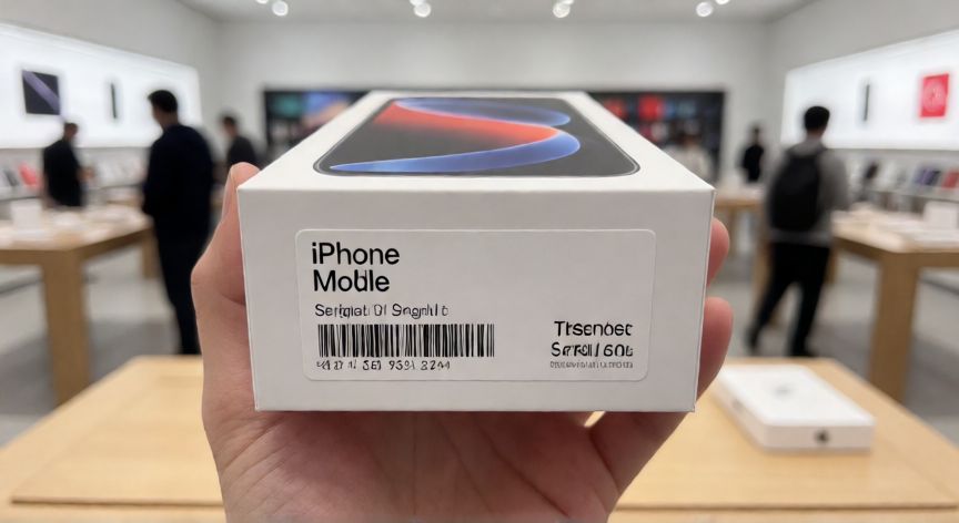como saber que iphone tengo, Caja original de un iPhone con la etiqueta visible indicando el modelo y número de serie
