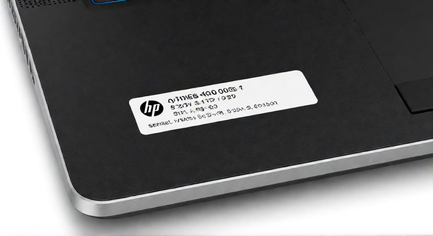 como saber que ordenador hp tengo, Etiqueta con número de producto y serie en la parte inferior de un portátil HP