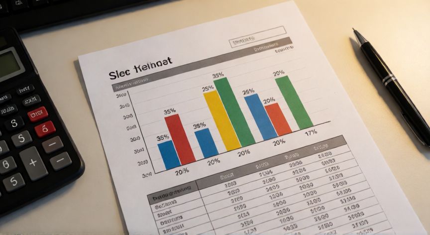 como sacar en excel el porcentaje de una cantidad, Informe impreso con gráfico de barras mostrando distribución porcentual junto a una calculadora sobre un escritorio de oficina