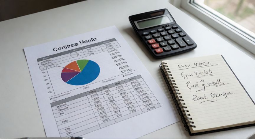 como sacar en excel porcentajes, Mesa de trabajo con hoja de cálculo impresa con gráfico circular y notas de fórmulas