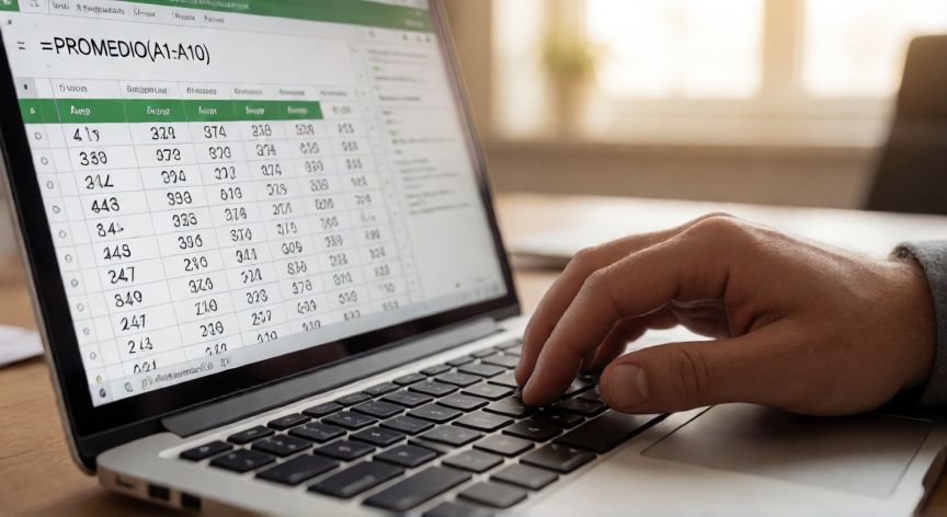 como sacar en promedio en excel, Persona escribiendo la fórmula PROMEDIO en Excel sobre un portátil de escritorio
