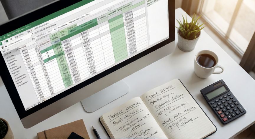 como sacar en promedio en excel, Vista cenital de un escritorio con Excel abierto mostrando una tabla dinámica con promedios