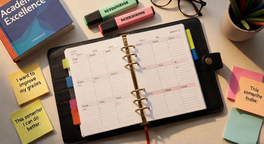 cómo se dice quiero mejorar mis calificaciones en inglés, Mesa de estudio con planificador y notas para mejorar calificaciones
