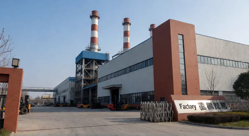 cómo se escribe fábrica en inglés, Fachada de una gran fábrica industrial moderna con chimeneas y aparcamiento de carretillas elevadoras