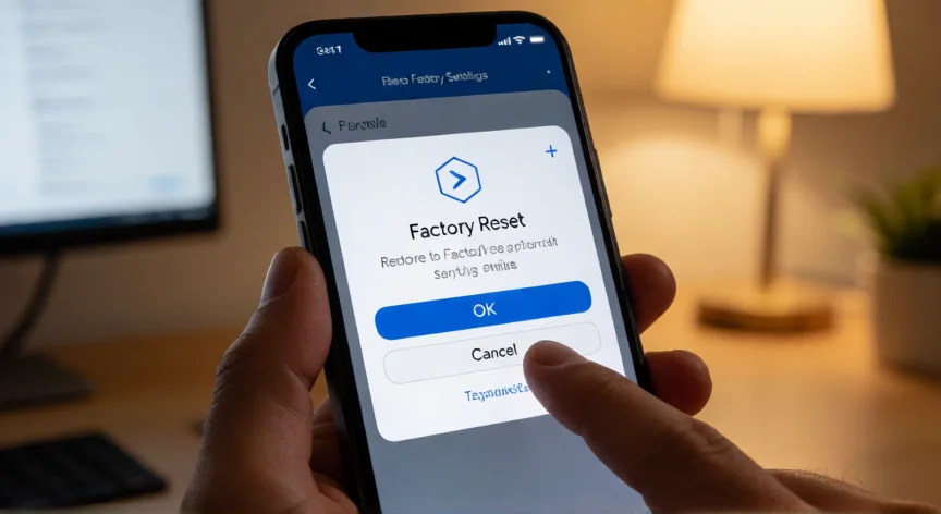 cómo se escribe fábrica en inglés, Pantalla de un móvil mostrando la opción de restablecer a los valores de fábrica