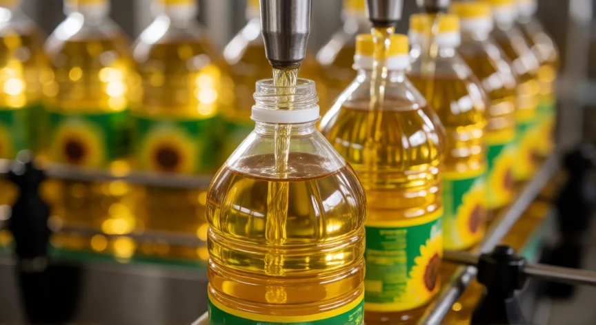 como se fabrica aceite de girasol, Envasado en botella de aceite de girasol refinado dorado en línea de producción alimentaria