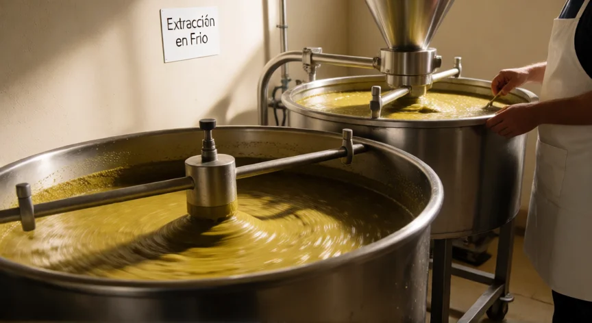 como se fabrica aceite de oliva, Línea de extracción en frío de aceite de oliva en un molino moderno con batidora y centrífuga
