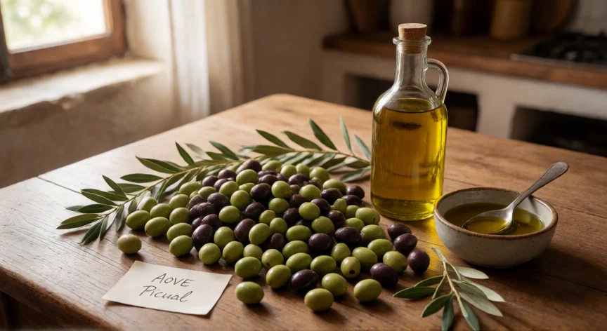 como se fabrica aceite de oliva, Aceitunas recién cosechadas junto a una botella de aceite de oliva virgen extra sobre mesa de madera