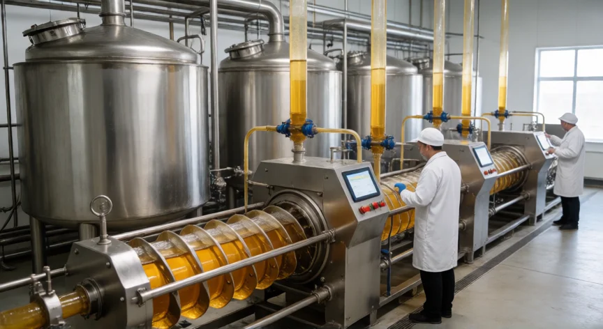 como se fabrica aceite vegetal, Línea de extracción mecánica de aceite vegetal en planta industrial con prensas de tornillo