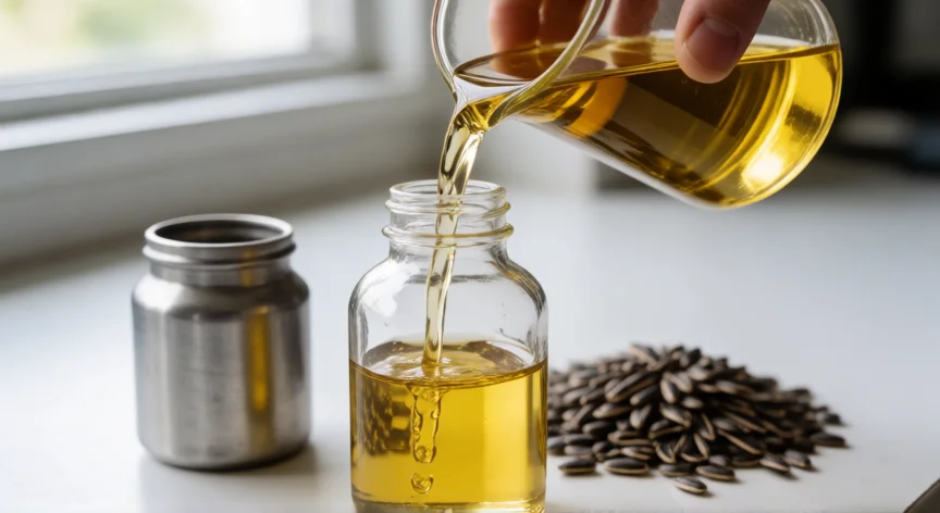 como se fabrica aceite vegetal, Aceite vegetal dorado en proceso de filtrado y envasado con semillas de girasol al fondo