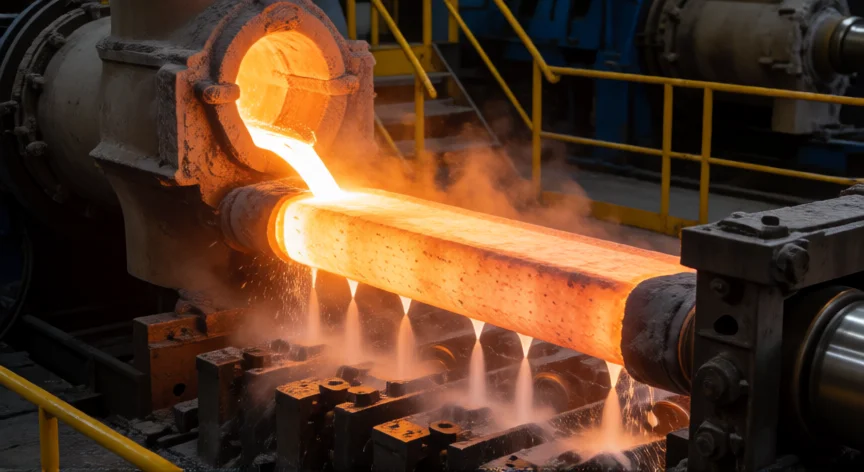 como se fabrica acero, Máquina de colada continua con acero líquido solidificándose en el molde
