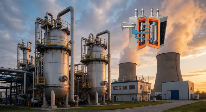como se fabrica acido sulfurico, Planta industrial de producción de ácido sulfúrico con reactores del proceso de contacto