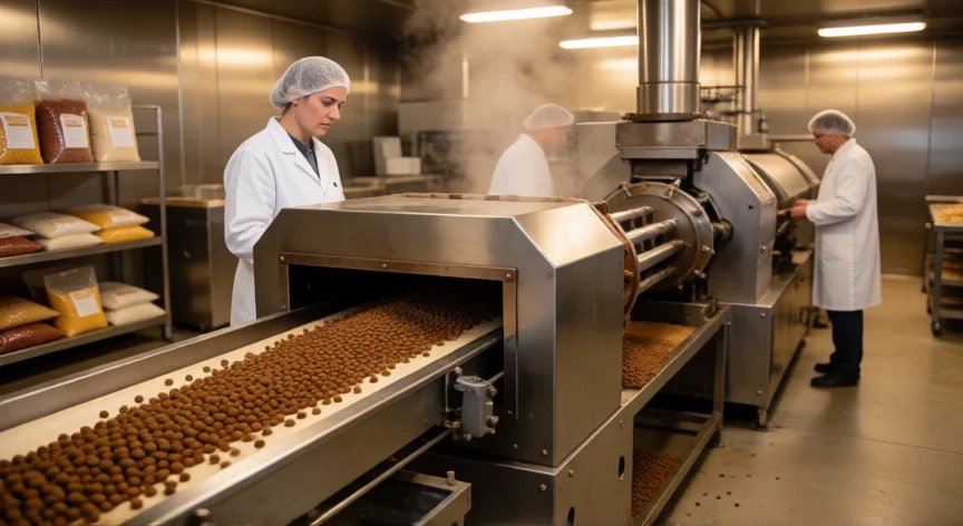 Línea de extrusión y secado de kibble para perros en una fábrica de piensos
