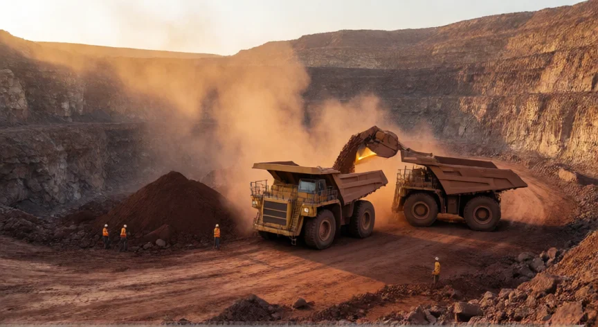 como se fabrica aluminio, Extracción de bauxita a cielo abierto con camiones mineros
