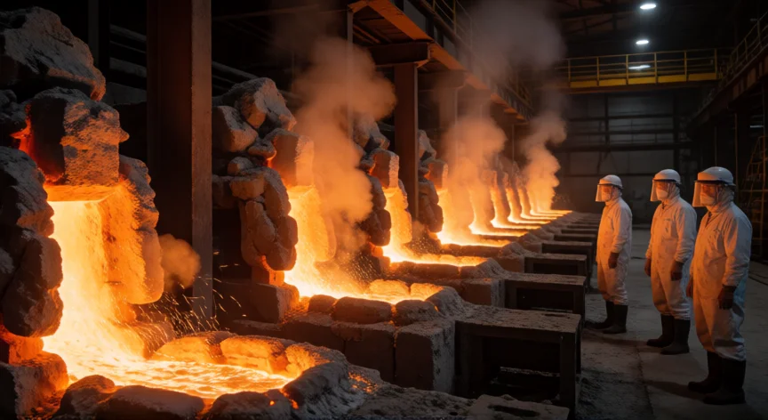 como se fabrica aluminio, Celdas de electrólisis Hall-Héroult en una planta de refinado de aluminio