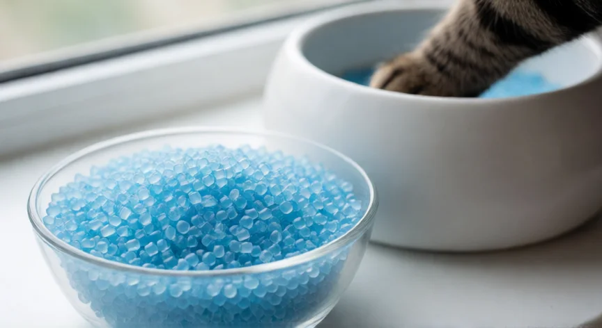 como se fabrica arena para gatos, Bol de arena de gel de sílice con patas de gato al fondo