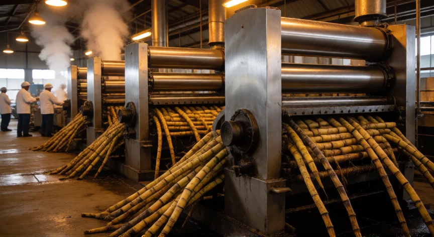 cómo se fabrica azúcar, Interior de una fábrica de azúcar con rodillos de extracción y caña de azúcar