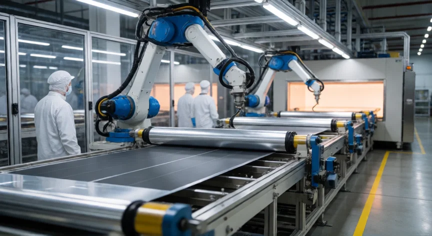 como se fabrica bateria de litio, Línea de producción automatizada de celdas de ion-litio en una gigafactoría con hornos de secado y recolectores de aluminio