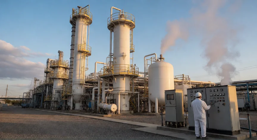 como se fabrica bicarbonato de sodio, Planta industrial del proceso Solvay con torres de saturación y tanques de precipitación de bicarbonato.