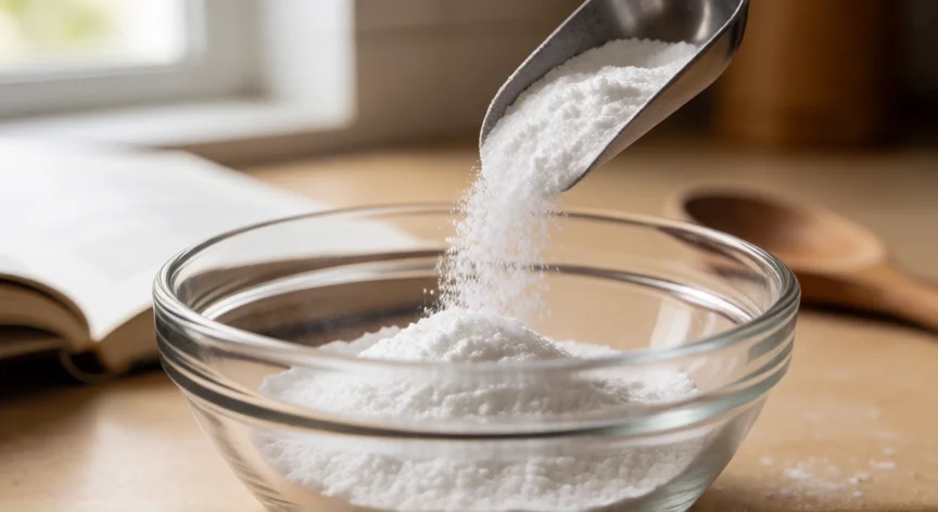 como se fabrica bicarbonato de sodio, Polvo blanco de bicarbonato de sodio viéndose desde una cuchara metálica sobre una superficie de cocina.