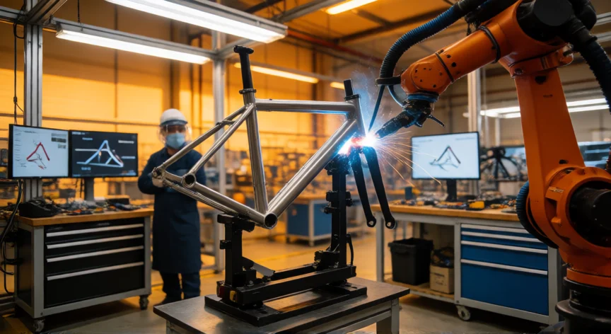 como se fabrica bicicleta, Brazo robótico soldando un cuadro de bicicleta de aluminio en fábrica