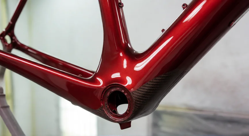 como se fabrica bicicleta, Cuadro de bicicleta de carbono con pintura roja metálica en cabina de secado