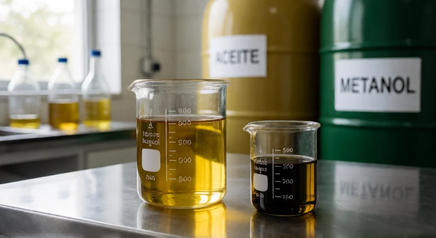 como se fabrica biodiesel, Muestras de biodiésel y glicerol en laboratorio junto a materia prima de aceite vegetal y metanol