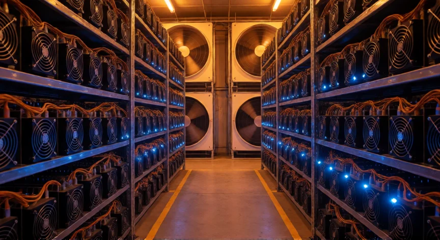 como se fabrica bitcoin, Interior de una granja de minería de Bitcoin con filas de ASICs encendidos