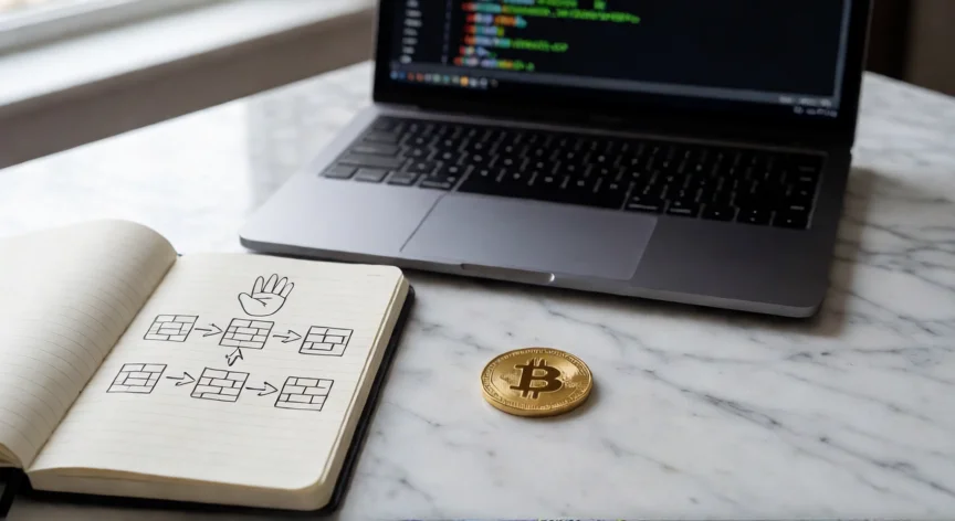 como se fabrica bitcoin, Mesa con moneda física de Bitcoin y apuntes sobre la estructura de bloques de la blockchain