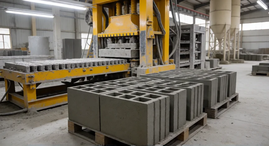 como se fabrica bloques de cemento, Bloques de hormigón huecos recién prensados en una planta industrial con prensa hidráulica