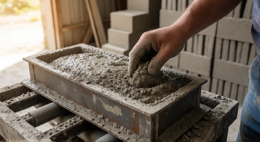 como se fabrica bloques de cemento, Manos de operario rellenando molde metálico con mezcla de cemento para fabricar bloque