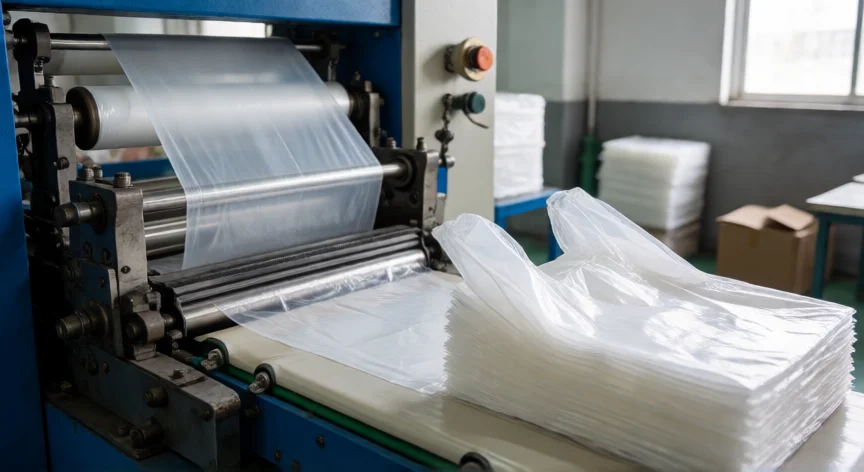 como se fabrica bolsas de plastico, Máquina de corte y sellado de bolsas de polietileno en producción