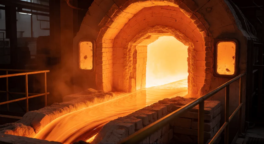 Horno de fusión industrial con vidrio fundido brillante a 1500 grados centígrados