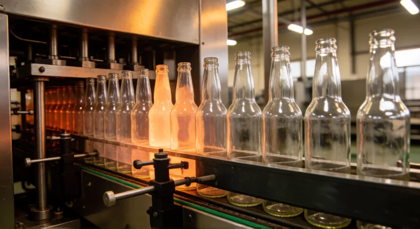 como se fabrica botella de vidrio, Línea de producción automatizada con botellas de vidrio recién moldeadas en la cadena