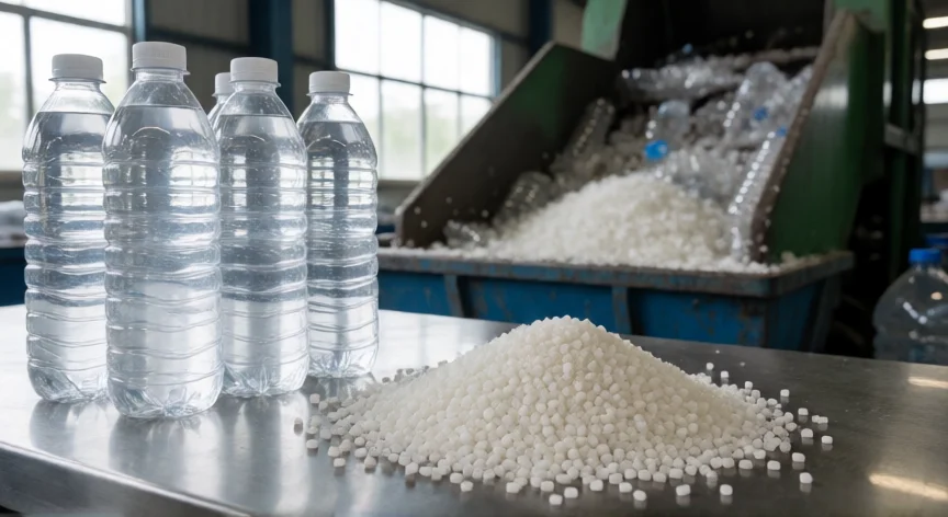 como se fabrica botellas de plastico, Gránulos de PET virgen y botellas terminadas junto a un centro de reciclaje de plástico