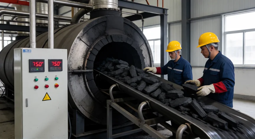 como se fabrica carbon, Planta industrial de producción de carbón con horno rotatorio y cintas transportadoras de carbón recién fabricado