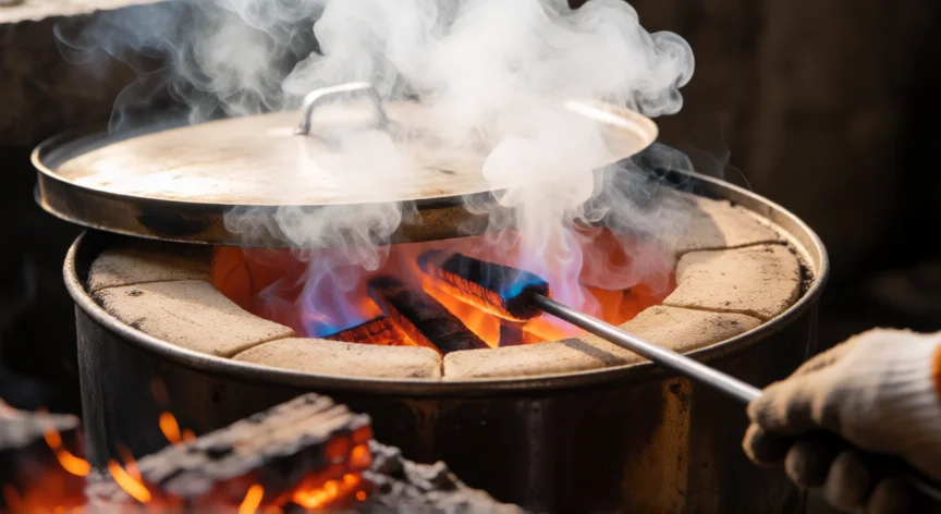 como se fabrica carbon vegetal, Horno de tambor metálico con humo blanco y brasas naranjas durante la pirólisis de la madera
