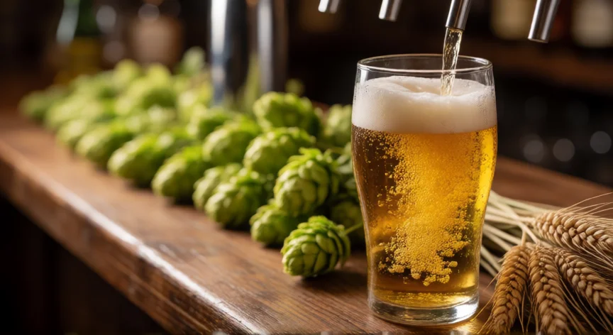 como se fabrica cerveza, Cerveza lager dorada servida en vaso con lúpulo y cebada al fondo