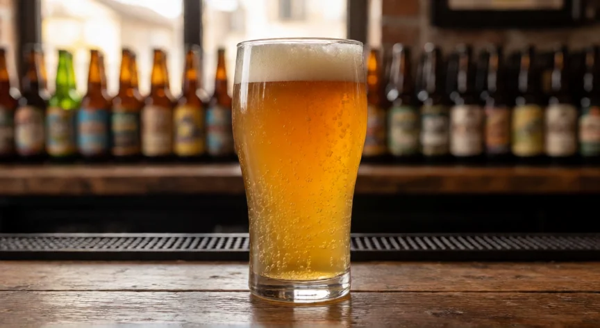 como se fabrica cerveza artesanal, Vaso de cerveza artesanal IPA con cuerpo ambarino y espuma en barra de madera