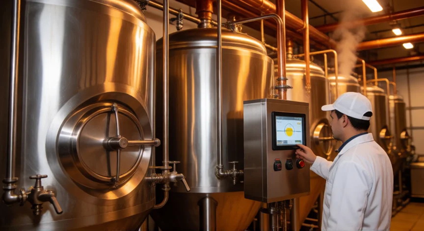 como se fabrica cerveza sin alcohol, Tanks de fermentación en una cervecería industrial durante el control de graduación