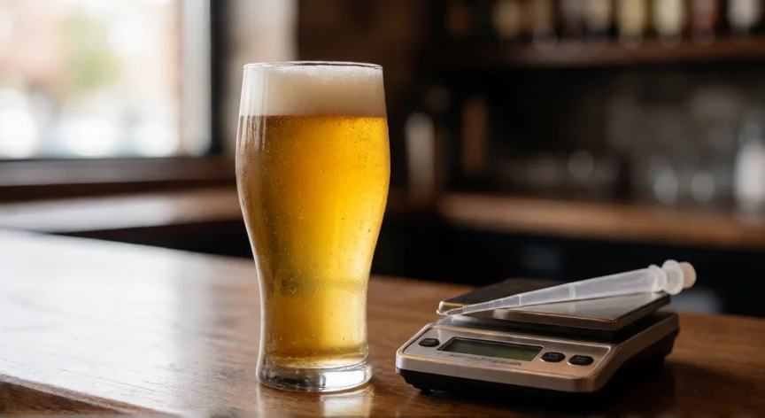 como se fabrica cerveza sin alcohol, Copa de cerveza sin alcohol con análisis de calidad en barra